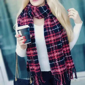 Soft Plaid Print Oblong Scarf - Gift - Red Black